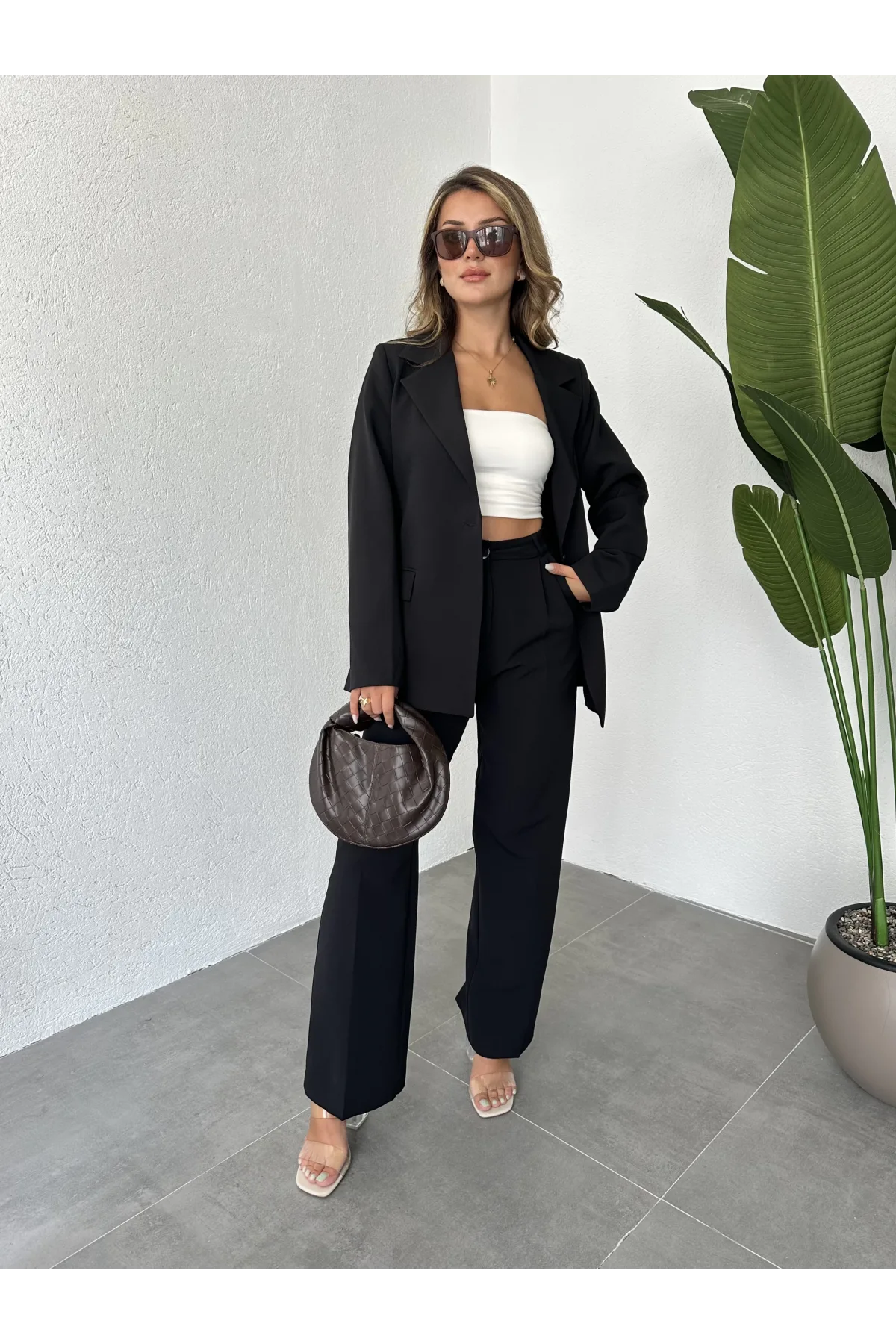 Siyah Tek Düğmeli Blazer Ceket&Palazzo Pantolon İkili Takım