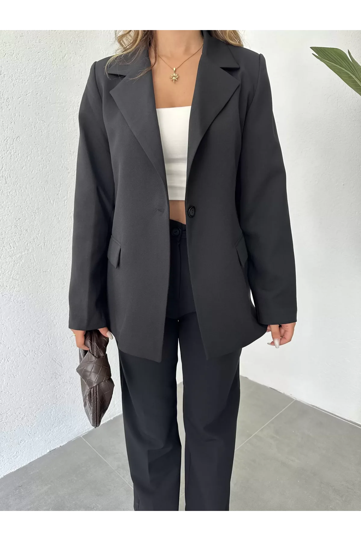 Siyah Tek Düğmeli Blazer Ceket&Palazzo Pantolon İkili Takım