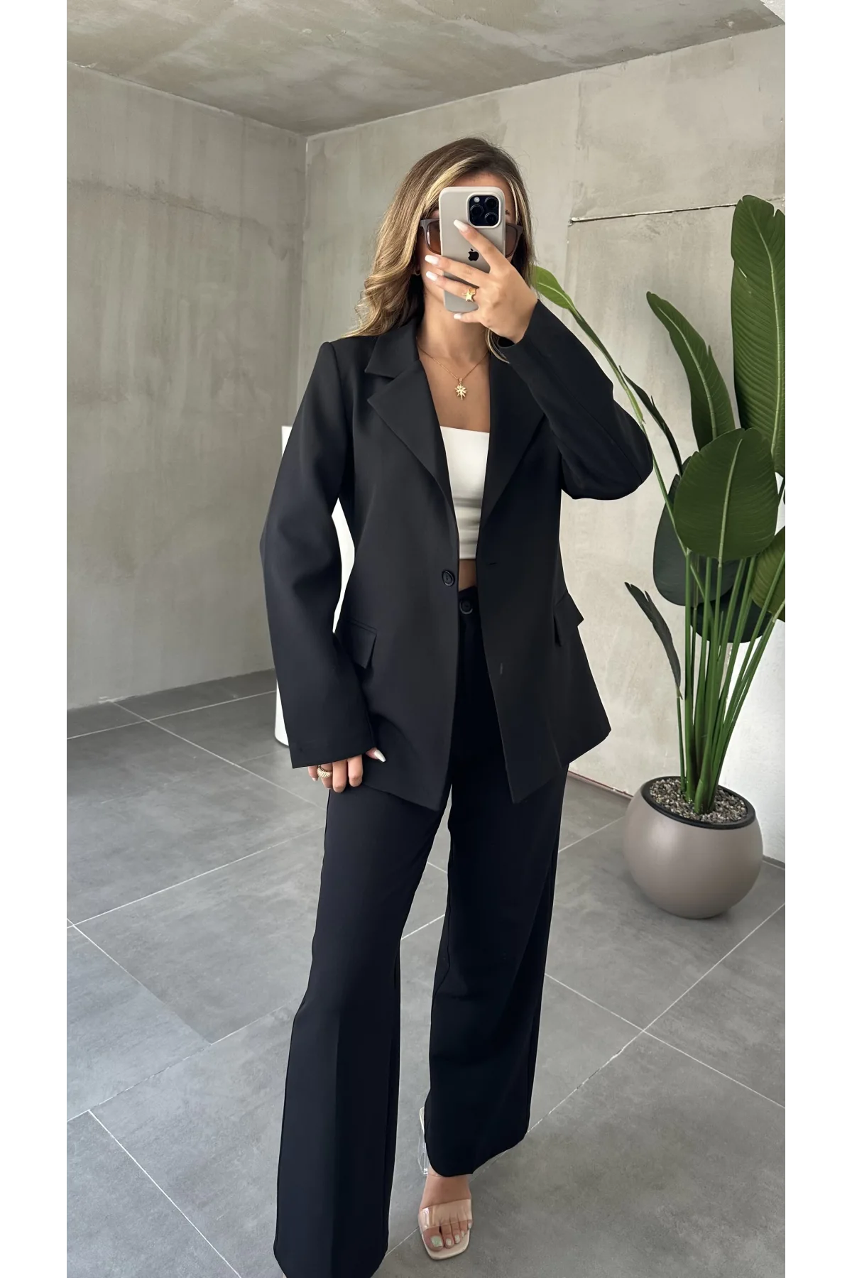 Siyah Tek Düğmeli Blazer Ceket&Palazzo Pantolon İkili Takım