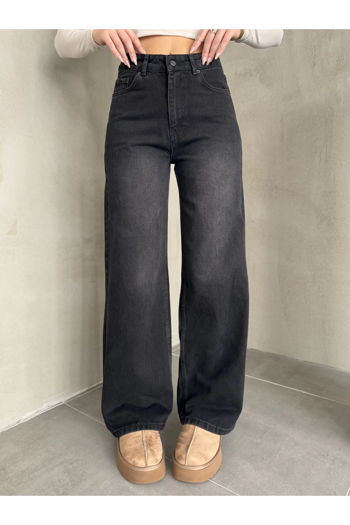 Siyah Yıkamalı Baggy Geniş Paça Yüksek Bel Wide Leg Jean Kot Pantolon