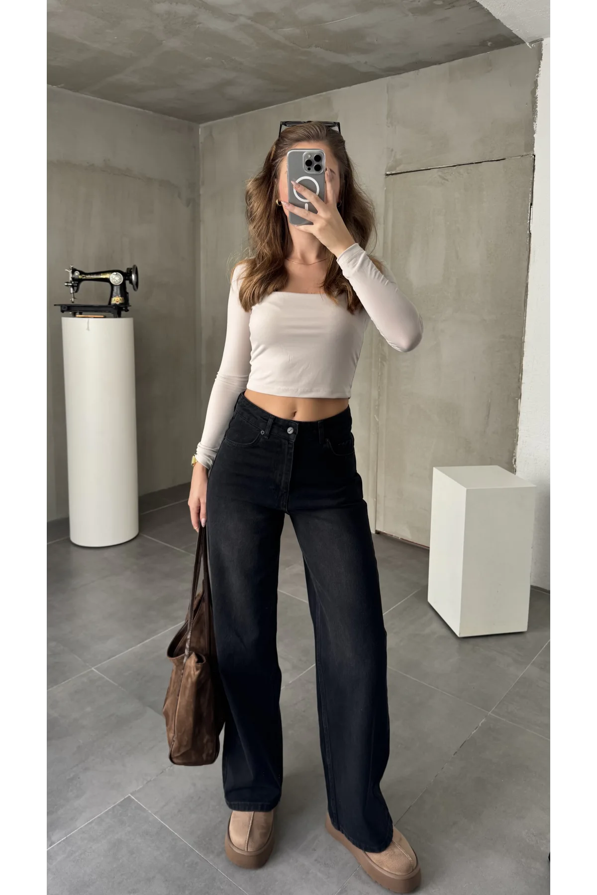 Siyah Yıkamalı Baggy Geniş Paça Yüksek Bel Wide Leg Jean Kot Pantolon