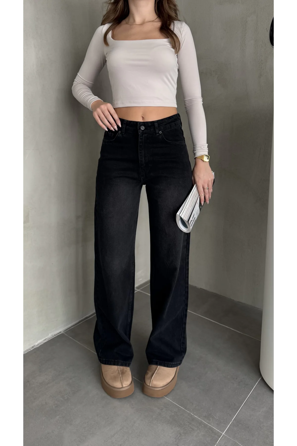 Siyah Yıkamalı Baggy Geniş Paça Yüksek Bel Wide Leg Jean Kot Pantolon