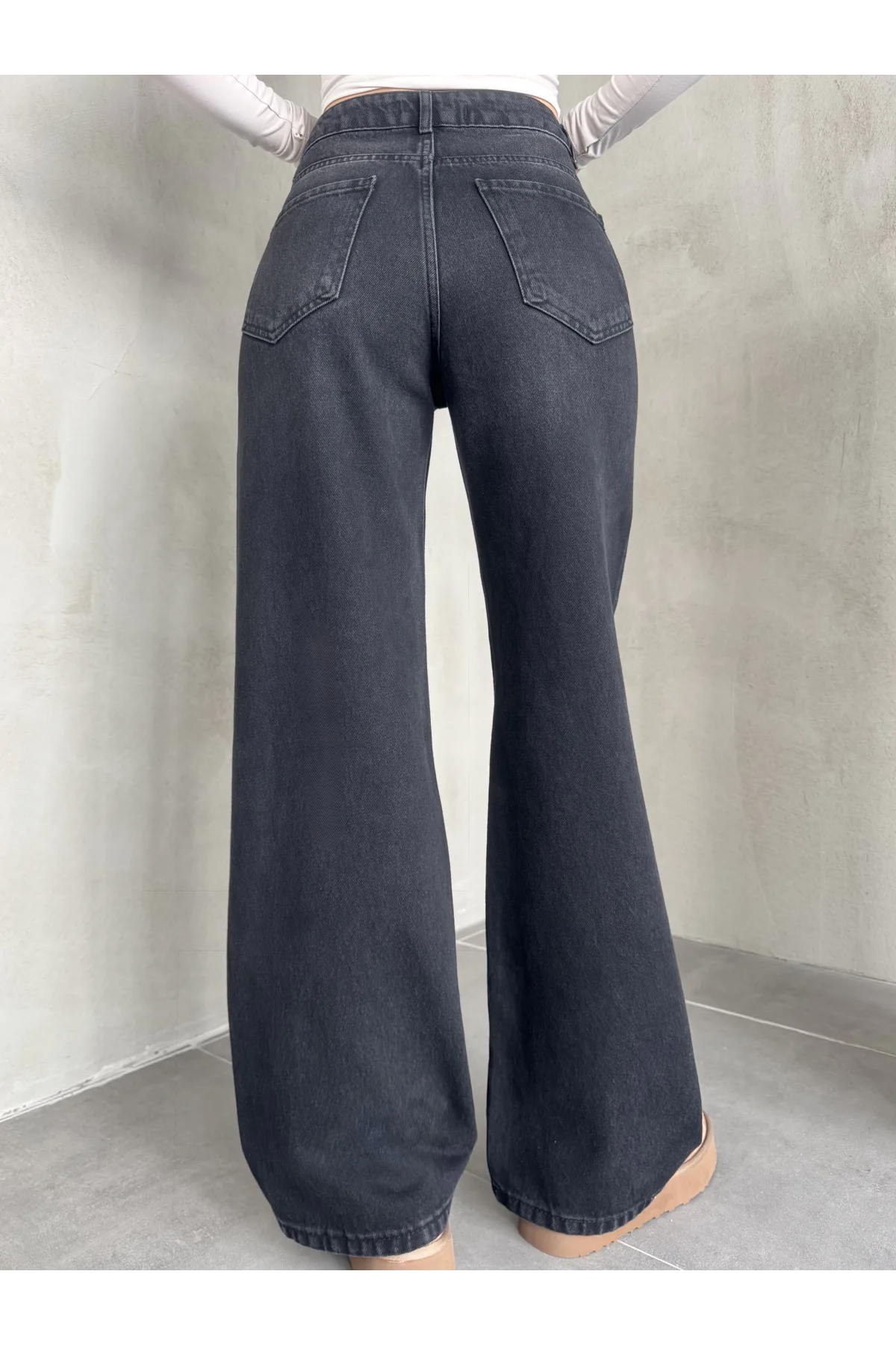 Siyah Yıkamalı Baggy Geniş Paça Yüksek Bel Wide Leg Jean Kot Pantolon