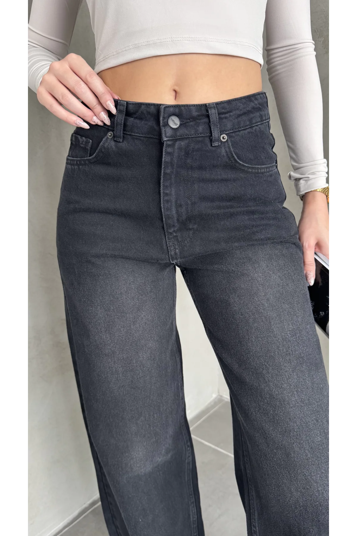 Siyah Yıkamalı Baggy Geniş Paça Yüksek Bel Wide Leg Jean Kot Pantolon