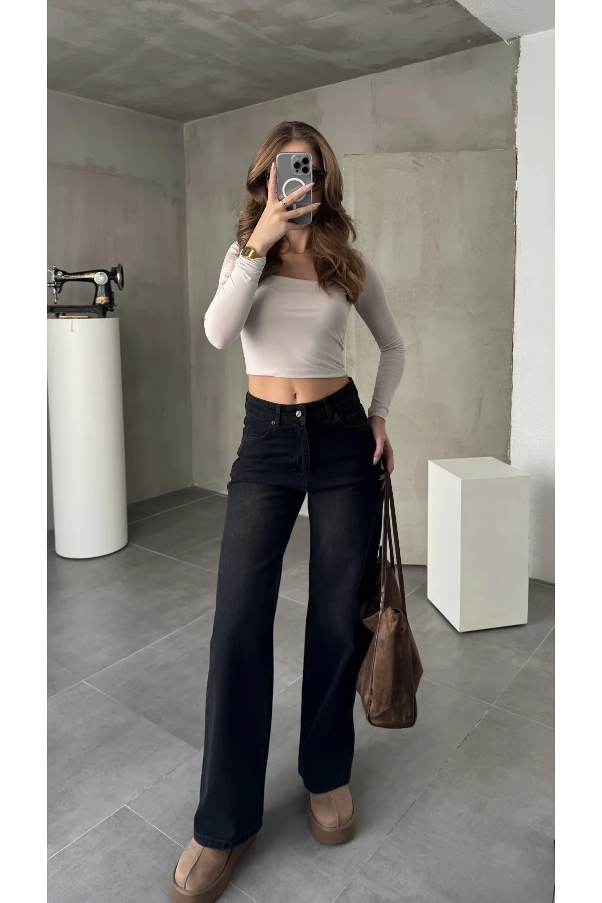 Siyah Yıkamalı Baggy Geniş Paça Yüksek Bel Wide Leg Jean Kot Pantolon