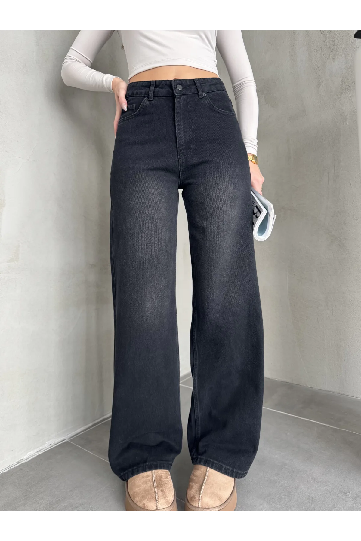 Siyah Yıkamalı Baggy Geniş Paça Yüksek Bel Wide Leg Jean Kot Pantolon