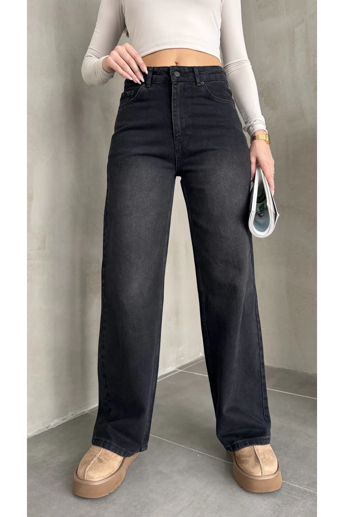 Siyah Yıkamalı Baggy Geniş Paça Yüksek Bel Wide Leg Jean Kot Pantolon