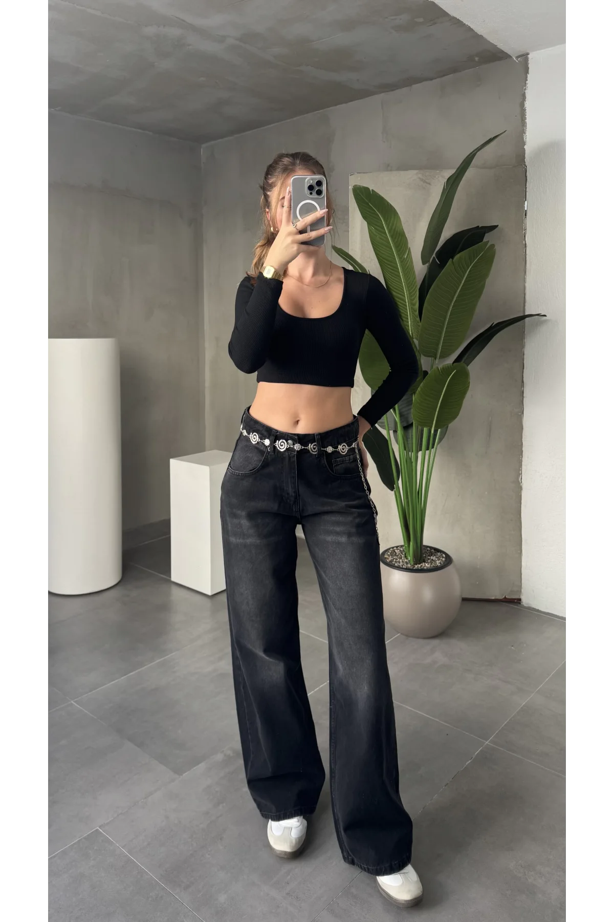 Siyah Yıkamalı Süper Baggy Ektra Geniş Paça Yüksek Bel Jean Kot Pantolon