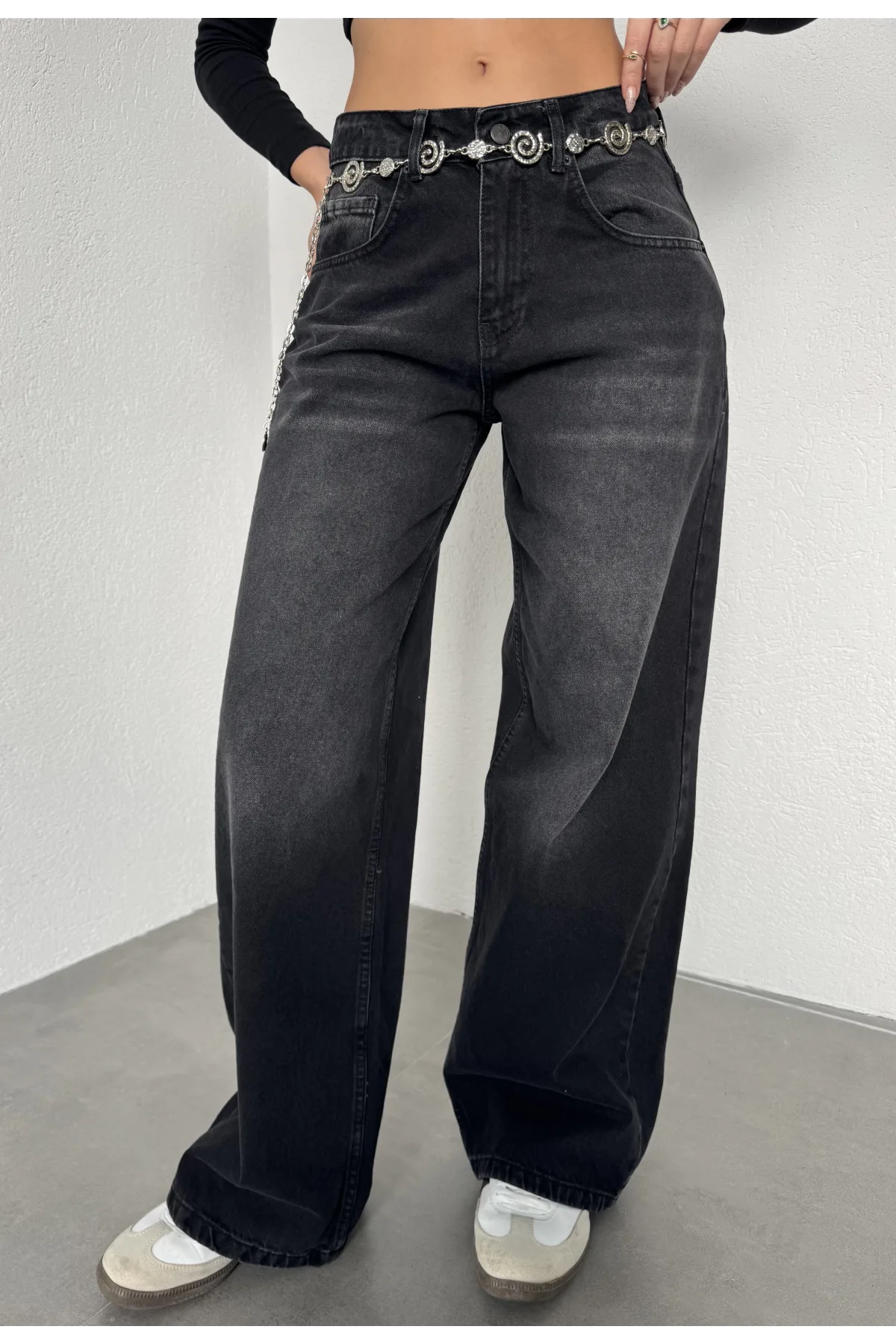 Siyah Yıkamalı Süper Baggy Ektra Geniş Paça Yüksek Bel Jean Kot Pantolon