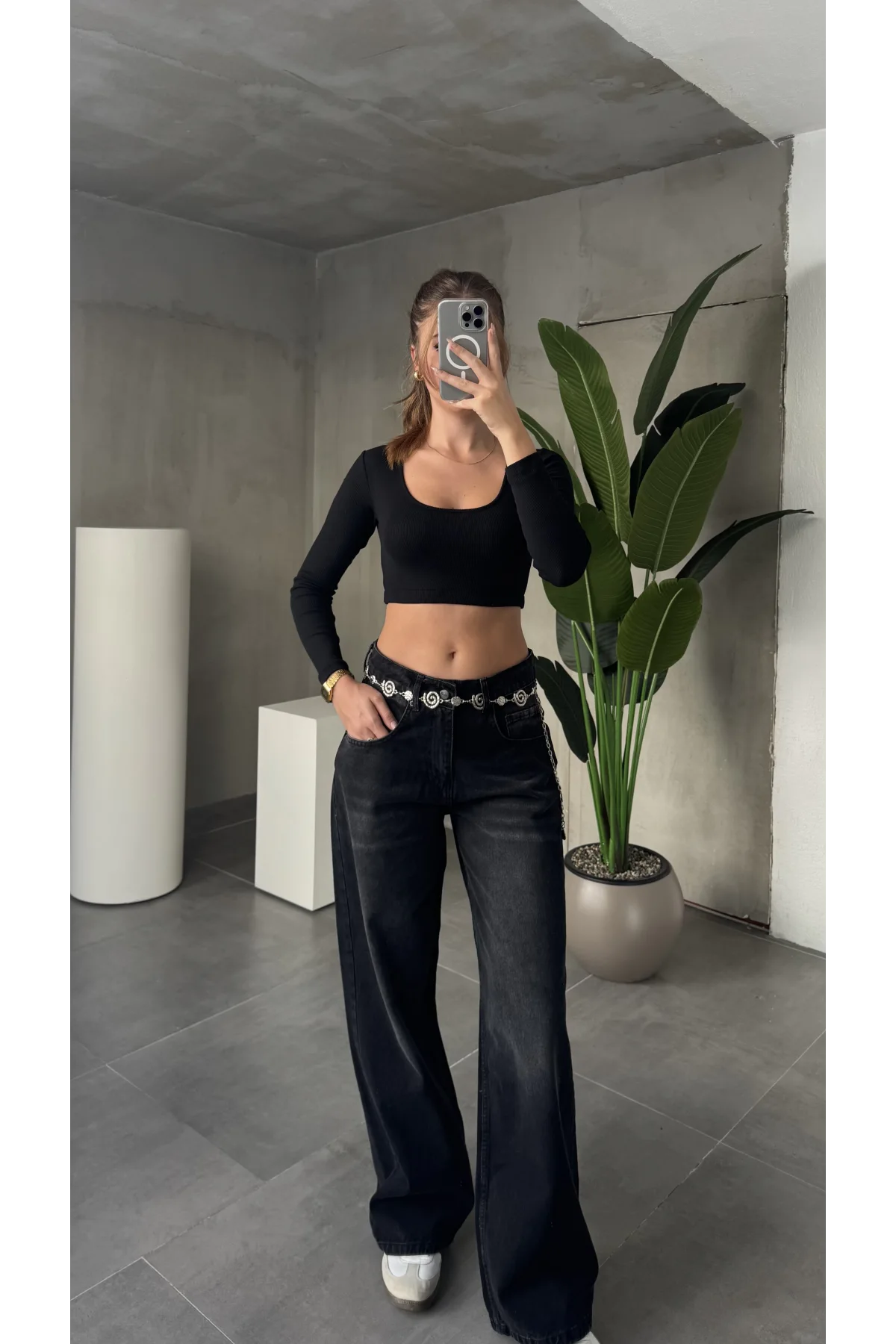 Siyah Yıkamalı Süper Baggy Ektra Geniş Paça Yüksek Bel Jean Kot Pantolon