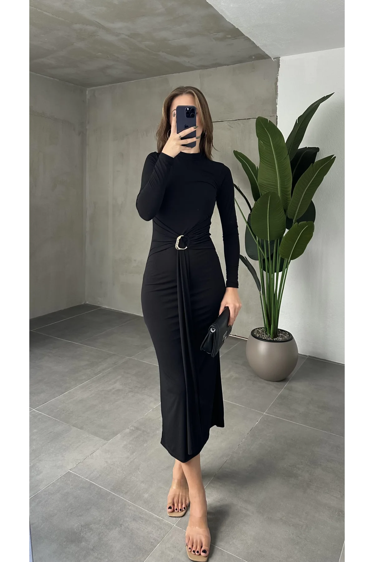Siyah Zr Model Bisiklet Yaka Aksesuarlı Kuşaklı Midi Boy Candy Elbise