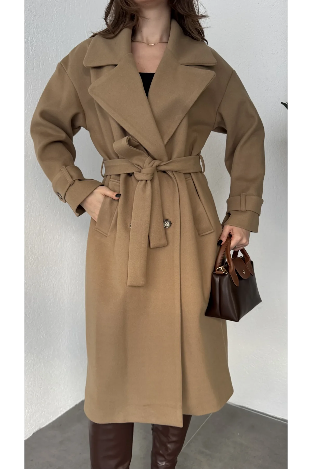 Sütlü Kahverengi Kruvaze Oversize Premium Kalite Kuşaklı Tam Boy Uzun Kaşe Mont