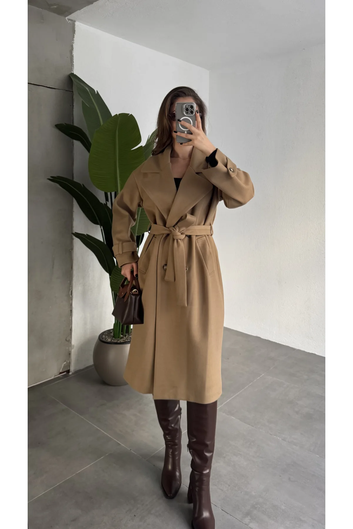 Sütlü Kahverengi Kruvaze Oversize Premium Kalite Kuşaklı Tam Boy Uzun Kaşe Mont