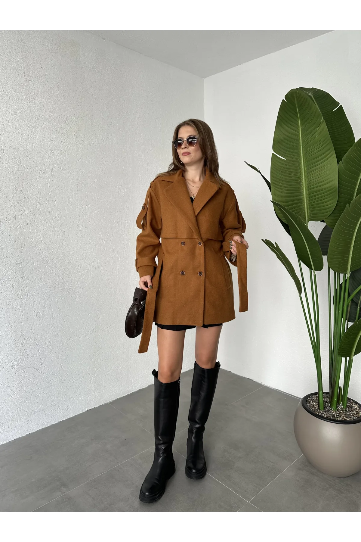 Taba Kruvaze Oversize Astarlı Cepli Kuşaklı Kaşe Mont Kaban