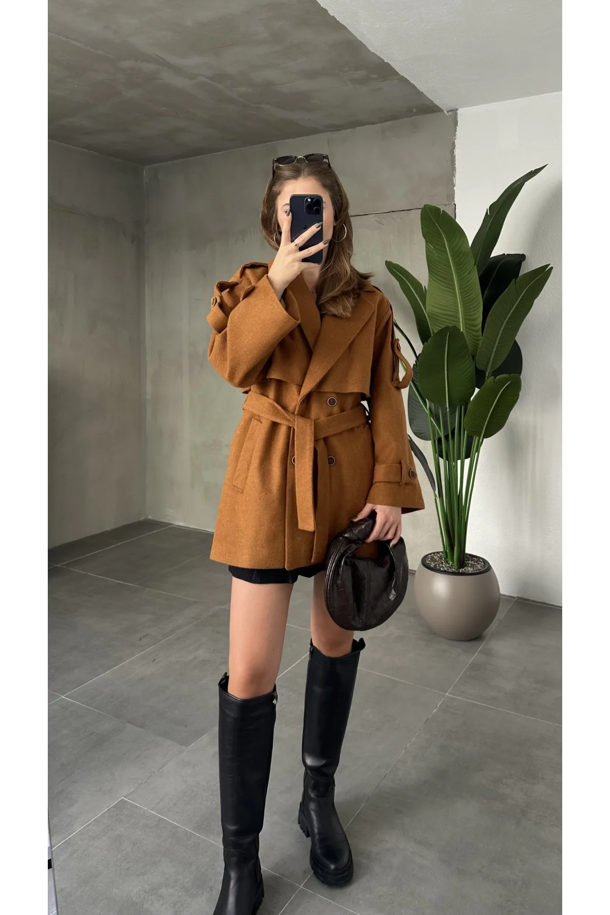 Taba Kruvaze Oversize Astarlı Cepli Kuşaklı Kaşe Mont Kaban