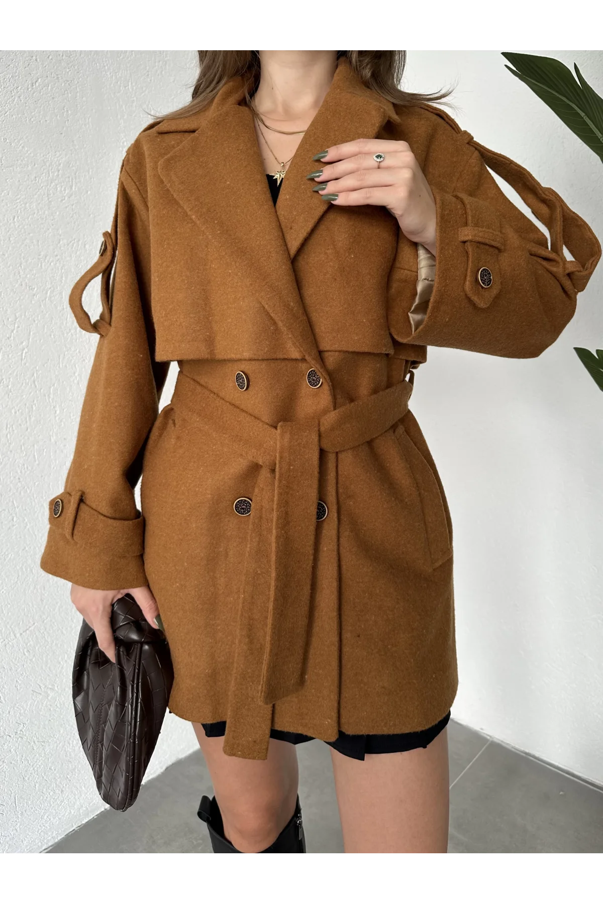 Taba Kruvaze Oversize Astarlı Cepli Kuşaklı Kaşe Mont Kaban
