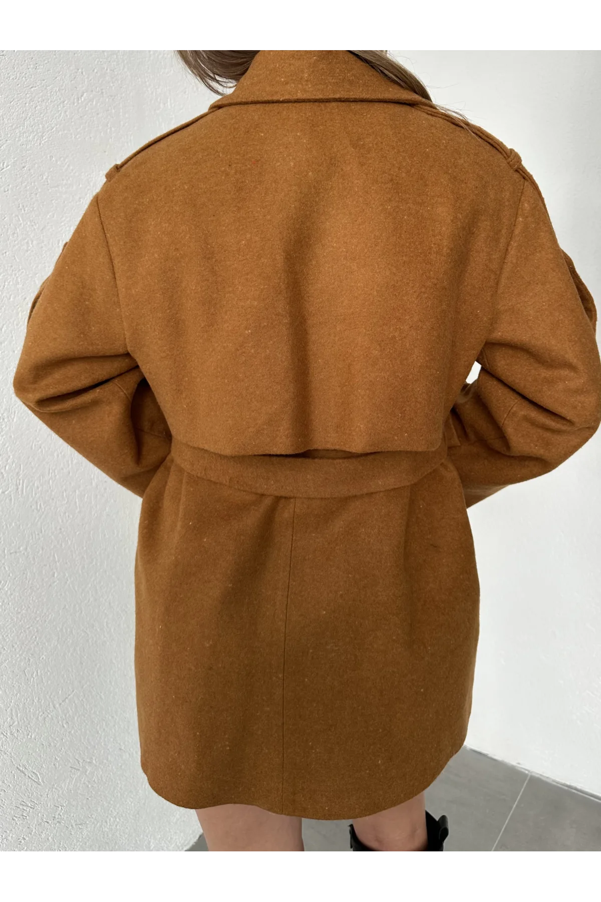 Taba Kruvaze Oversize Astarlı Cepli Kuşaklı Kaşe Mont Kaban