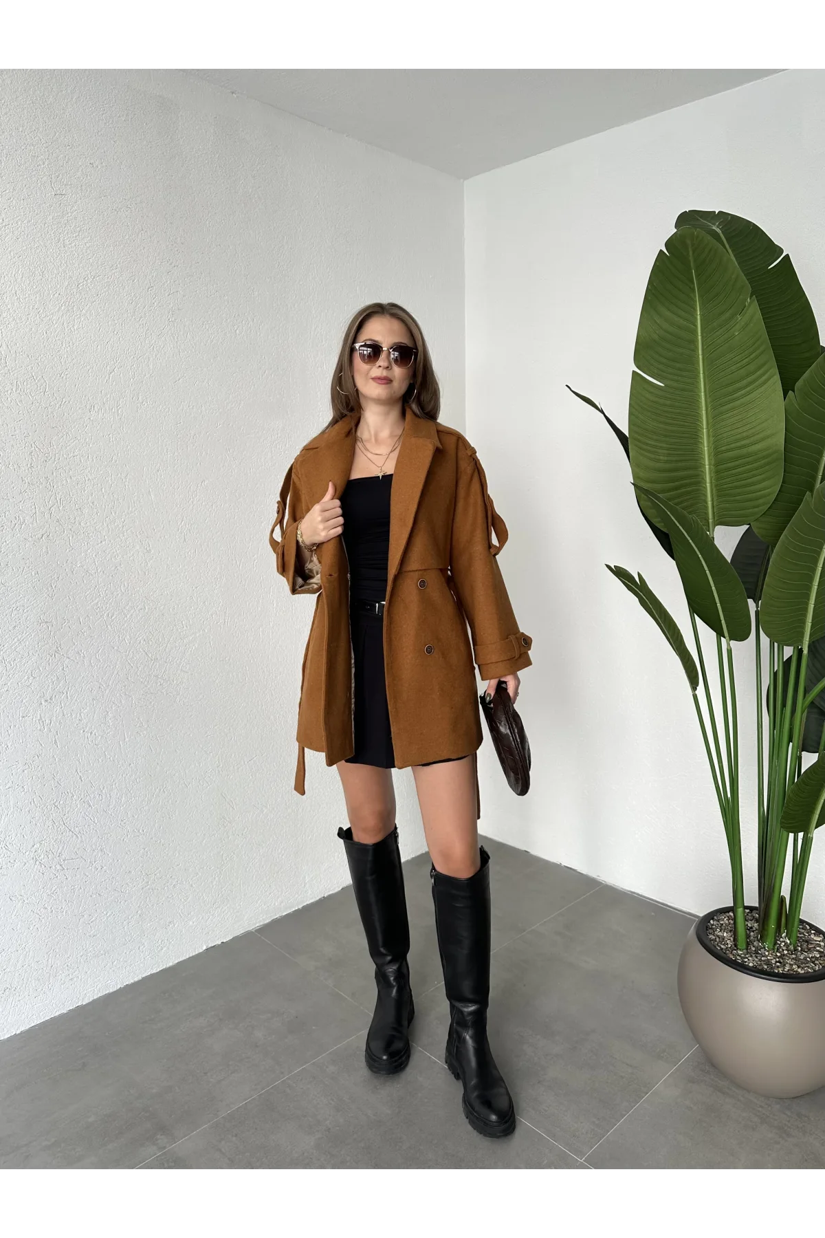 Taba Kruvaze Oversize Astarlı Cepli Kuşaklı Kaşe Mont Kaban