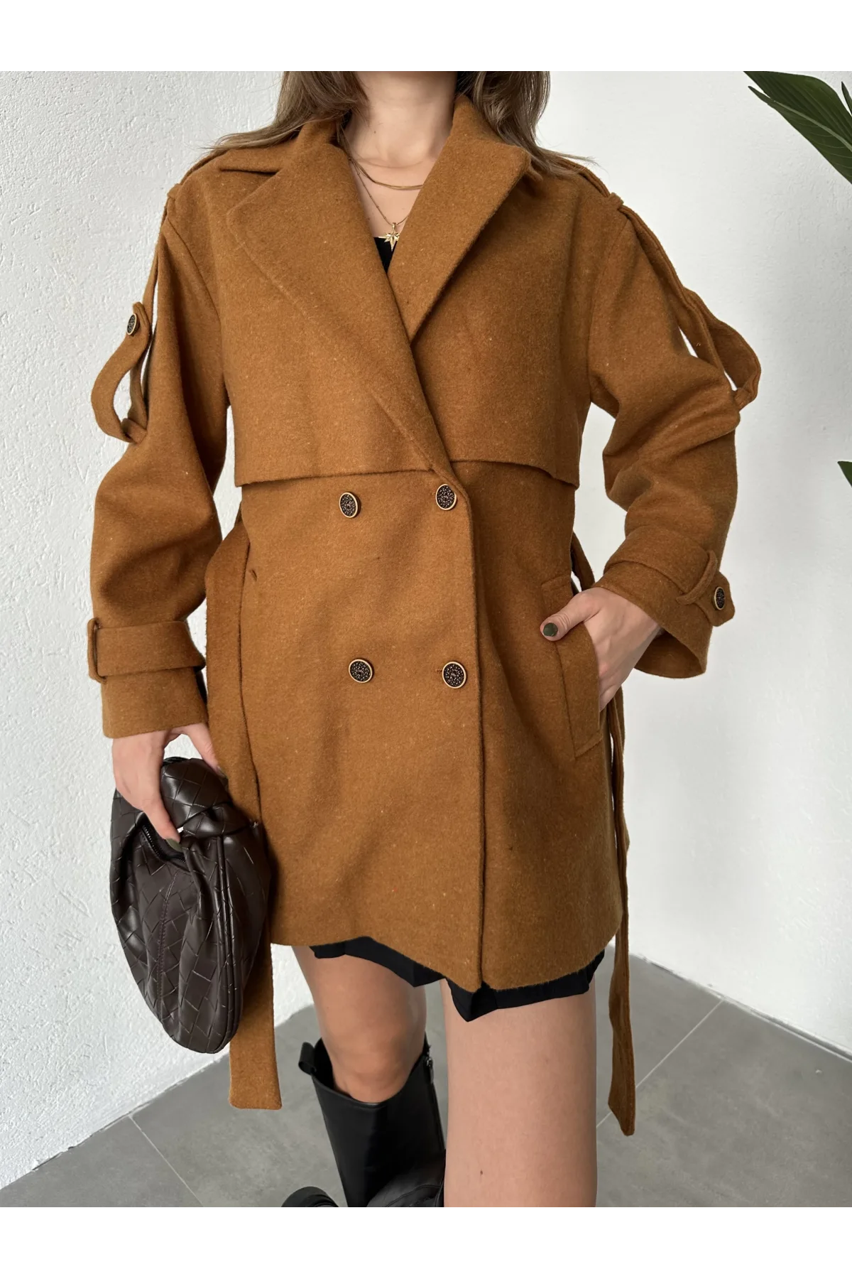 Taba Kruvaze Oversize Astarlı Cepli Kuşaklı Kaşe Mont Kaban