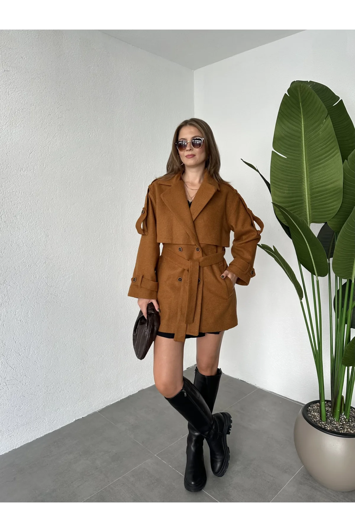 Taba Kruvaze Oversize Astarlı Cepli Kuşaklı Kaşe Mont Kaban