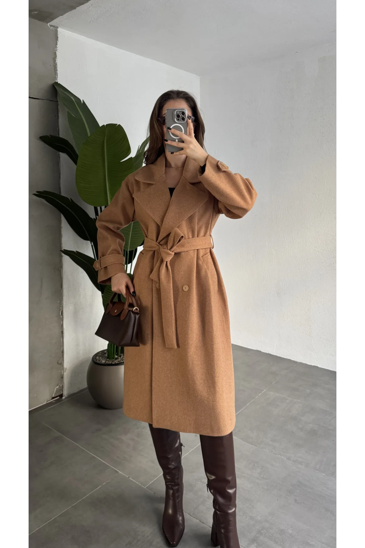 Taba Kruvaze Oversize Premium Kalite Kuşaklı Tam Boy Uzun Kaşe Mont