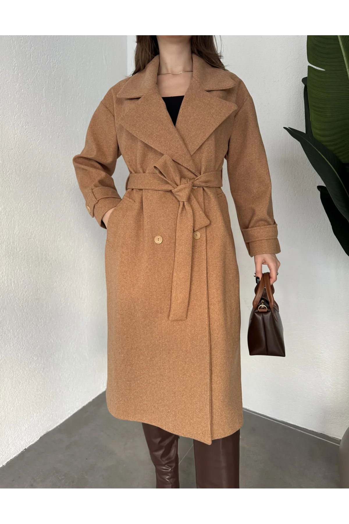 Taba Kruvaze Oversize Premium Kalite Kuşaklı Tam Boy Uzun Kaşe Mont