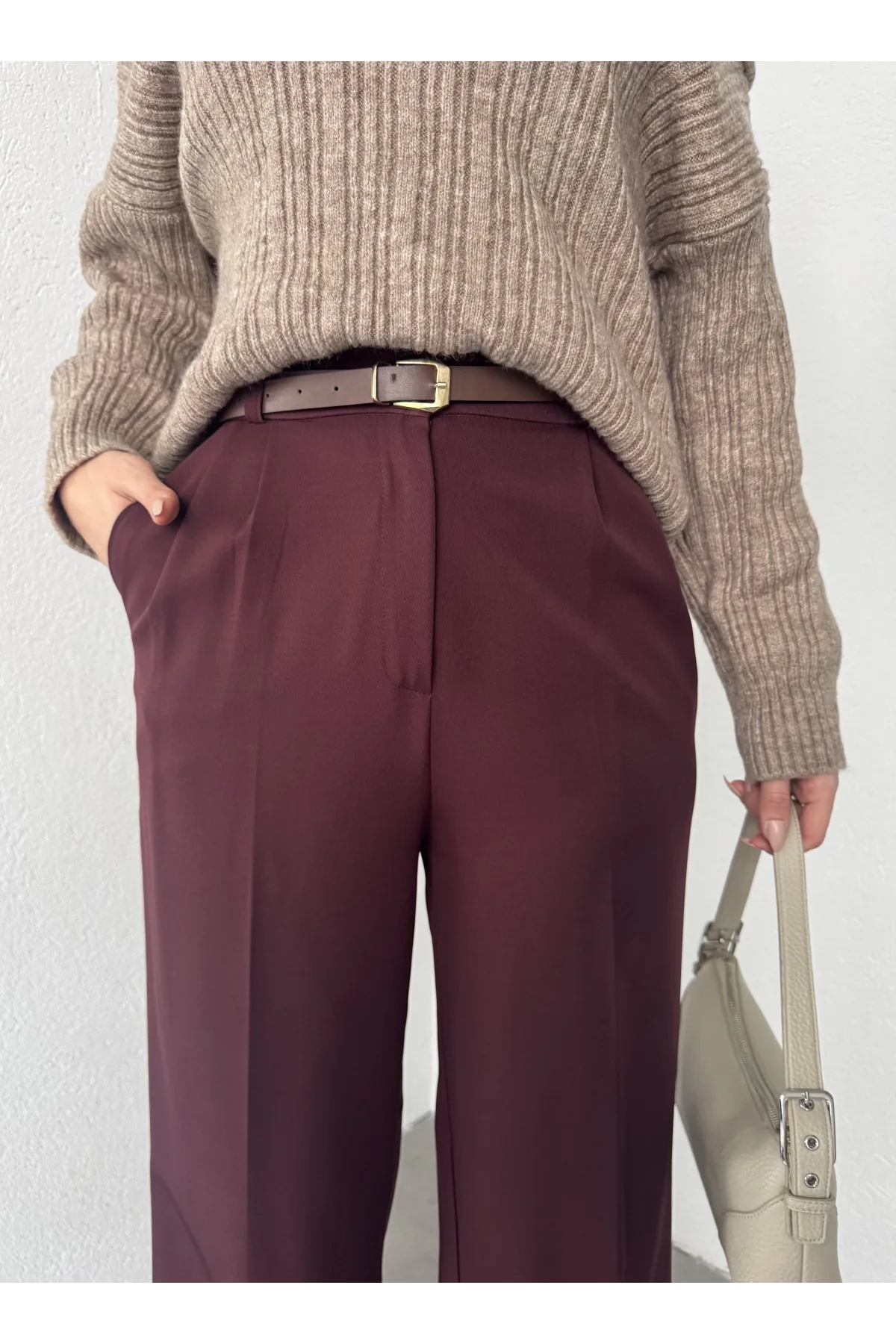 Vişne Pileli Tam Kalıp Bel Oturtmalı Geniş Paça Palazzo Pantolon