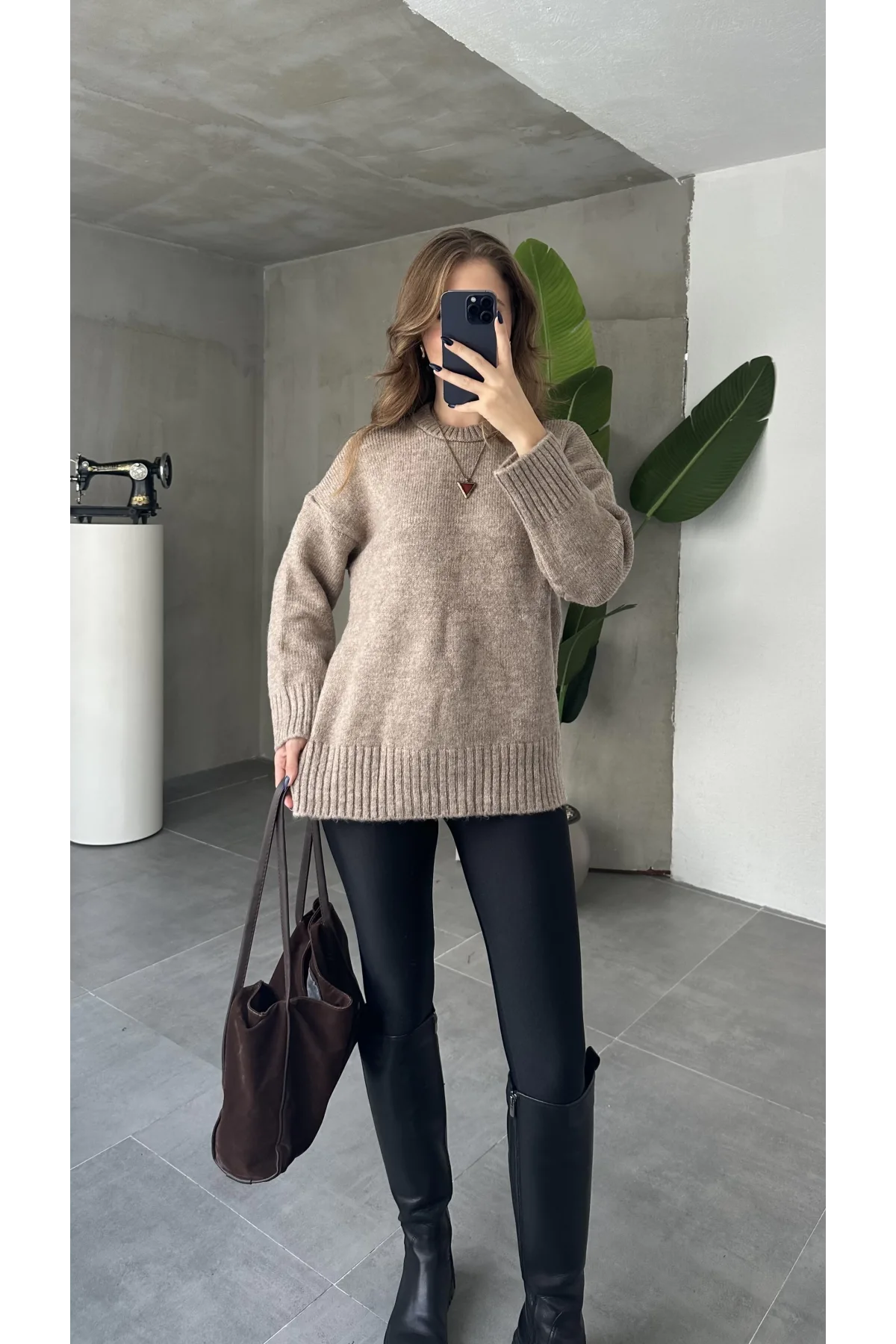 Vizon Bisiklet Yaka Tam Salaş Oversize Uzun Triko Kazak