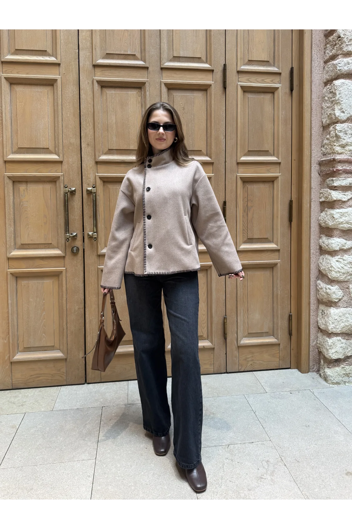 Vizon Çoban Dikişli Kaşe Düğmeli Kaşe Hırka