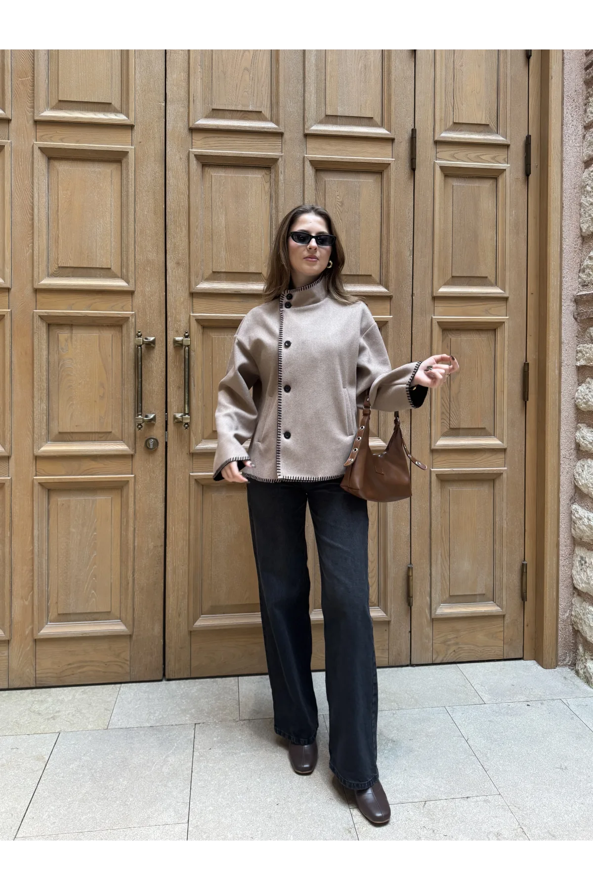 Vizon Çoban Dikişli Kaşe Düğmeli Kaşe Hırka