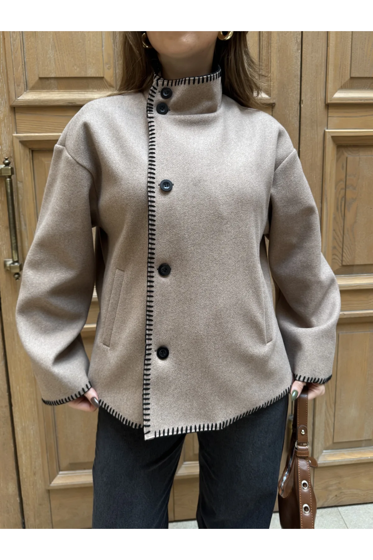 Vizon Çoban Dikişli Kaşe Düğmeli Kaşe Hırka