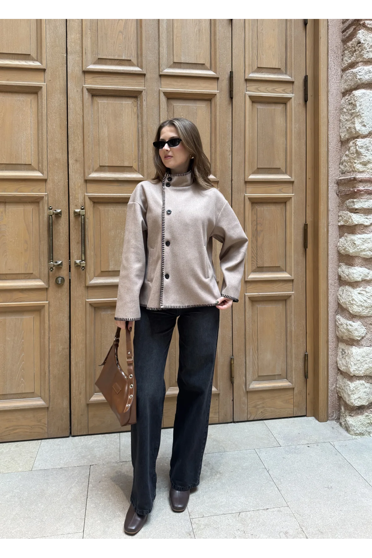 Vizon Çoban Dikişli Kaşe Düğmeli Kaşe Hırka