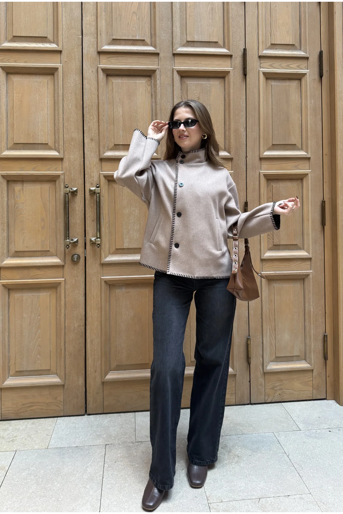 Vizon Çoban Dikişli Kaşe Düğmeli Kaşe Hırka