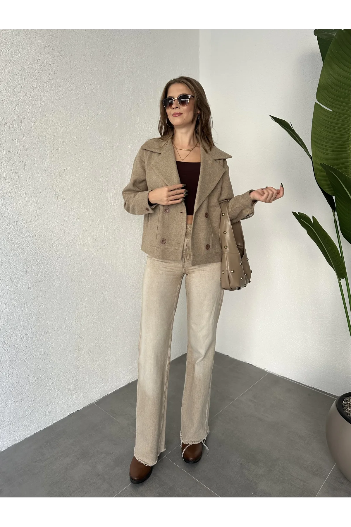 Vizon Kısa Kruvaze Oversize Astarlı Cepli Kaşe Ceket Mont