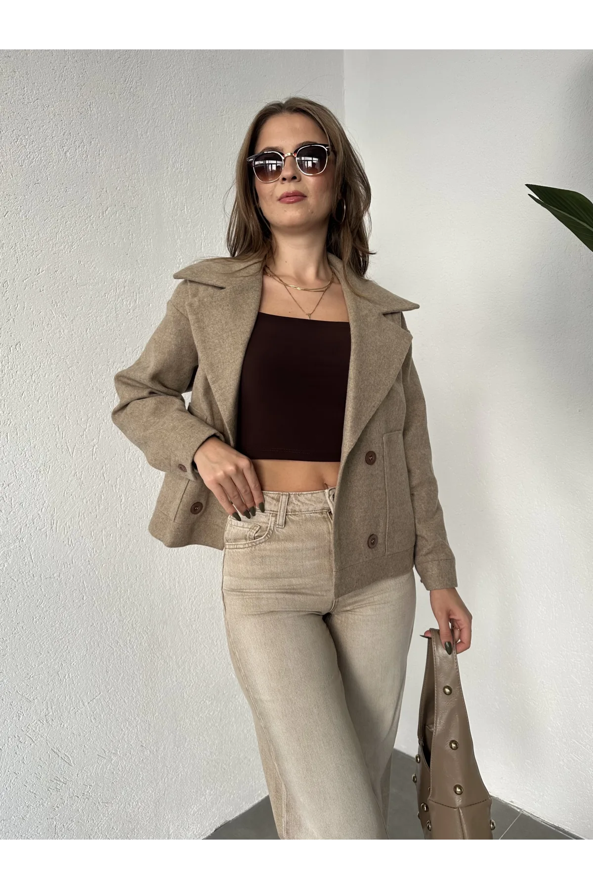 Vizon Kısa Kruvaze Oversize Astarlı Cepli Kaşe Ceket Mont