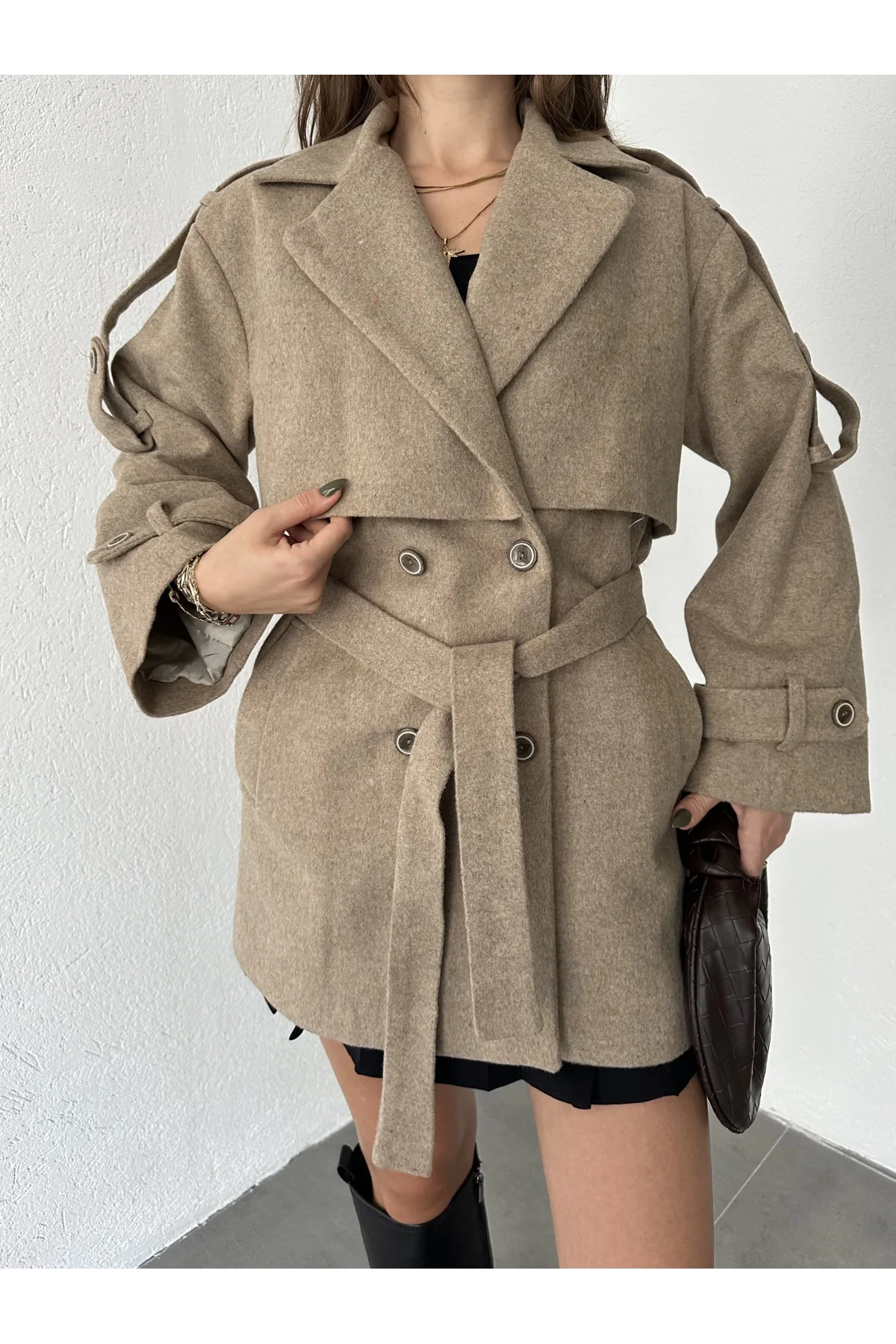 Vizon Kruvaze Oversize Astarlı Cepli Kuşaklı Kaşe Mont Kaban