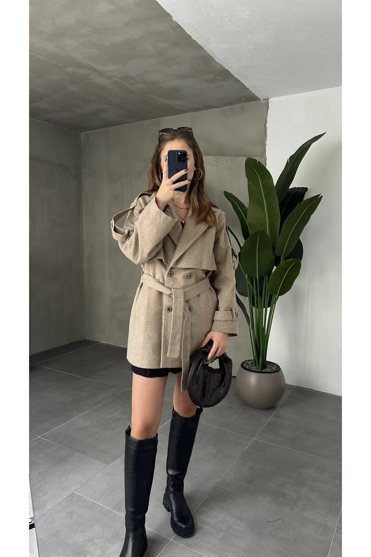 Vizon Kruvaze Oversize Astarlı Cepli Kuşaklı Kaşe Mont Kaban