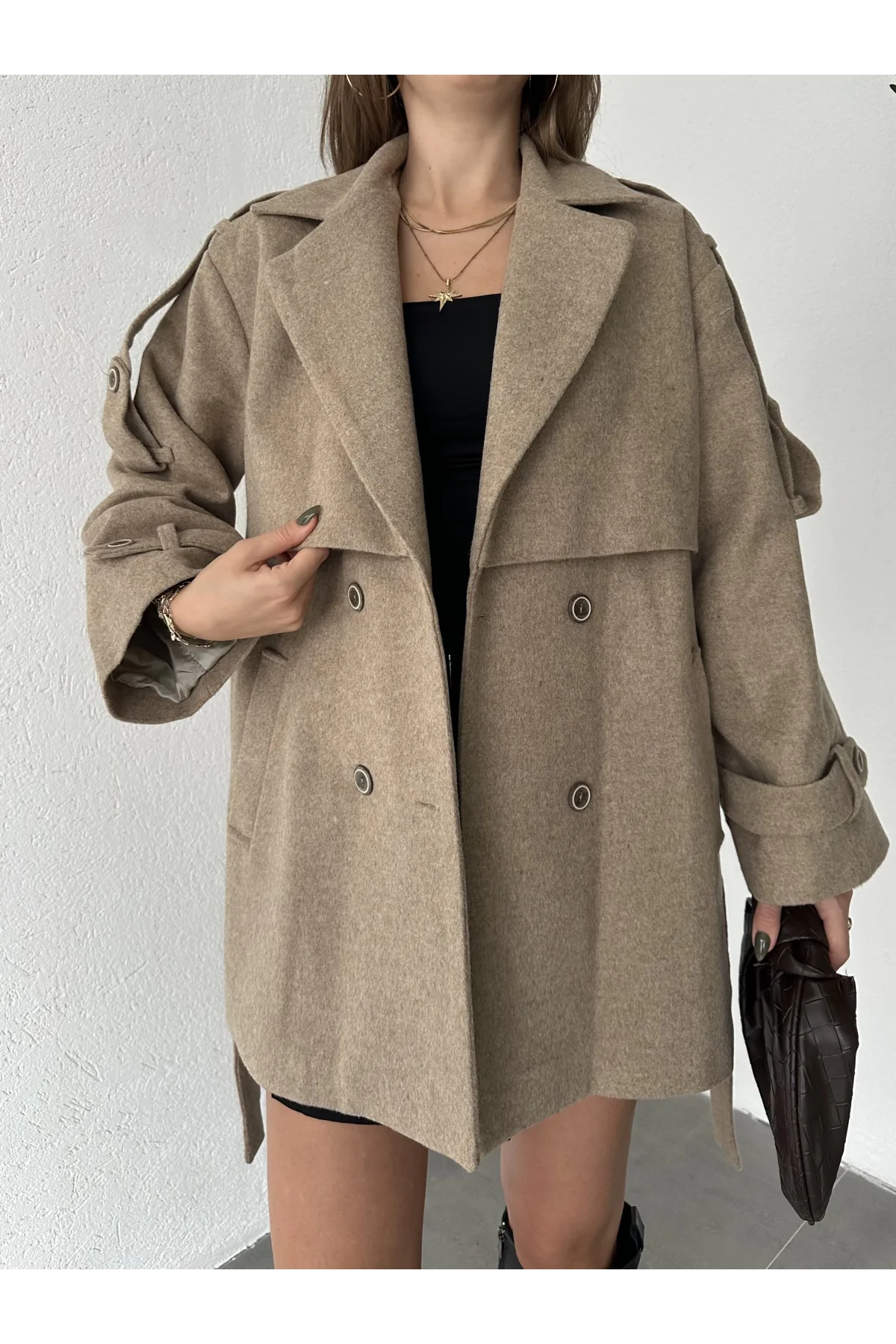 Vizon Kruvaze Oversize Astarlı Cepli Kuşaklı Kaşe Mont Kaban