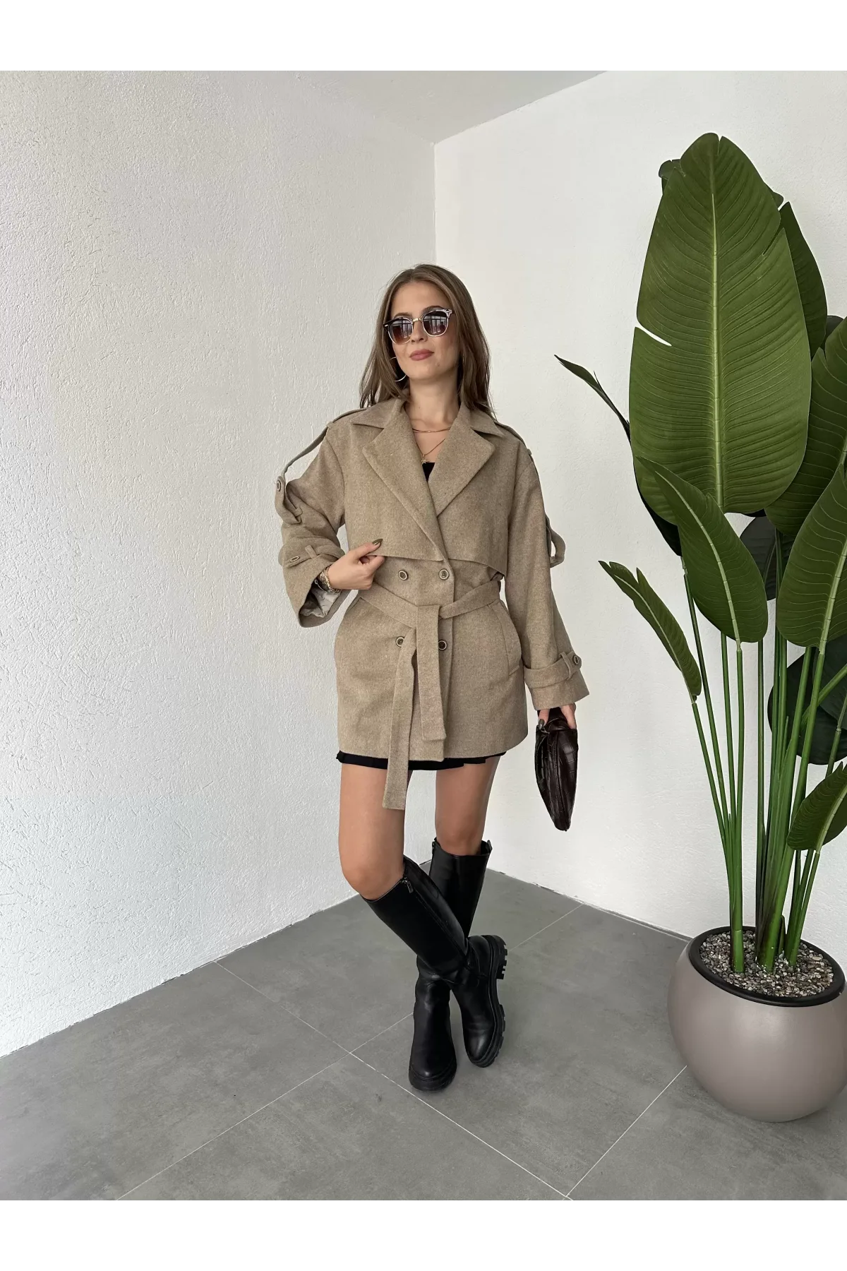 Vizon Kruvaze Oversize Astarlı Cepli Kuşaklı Kaşe Mont Kaban