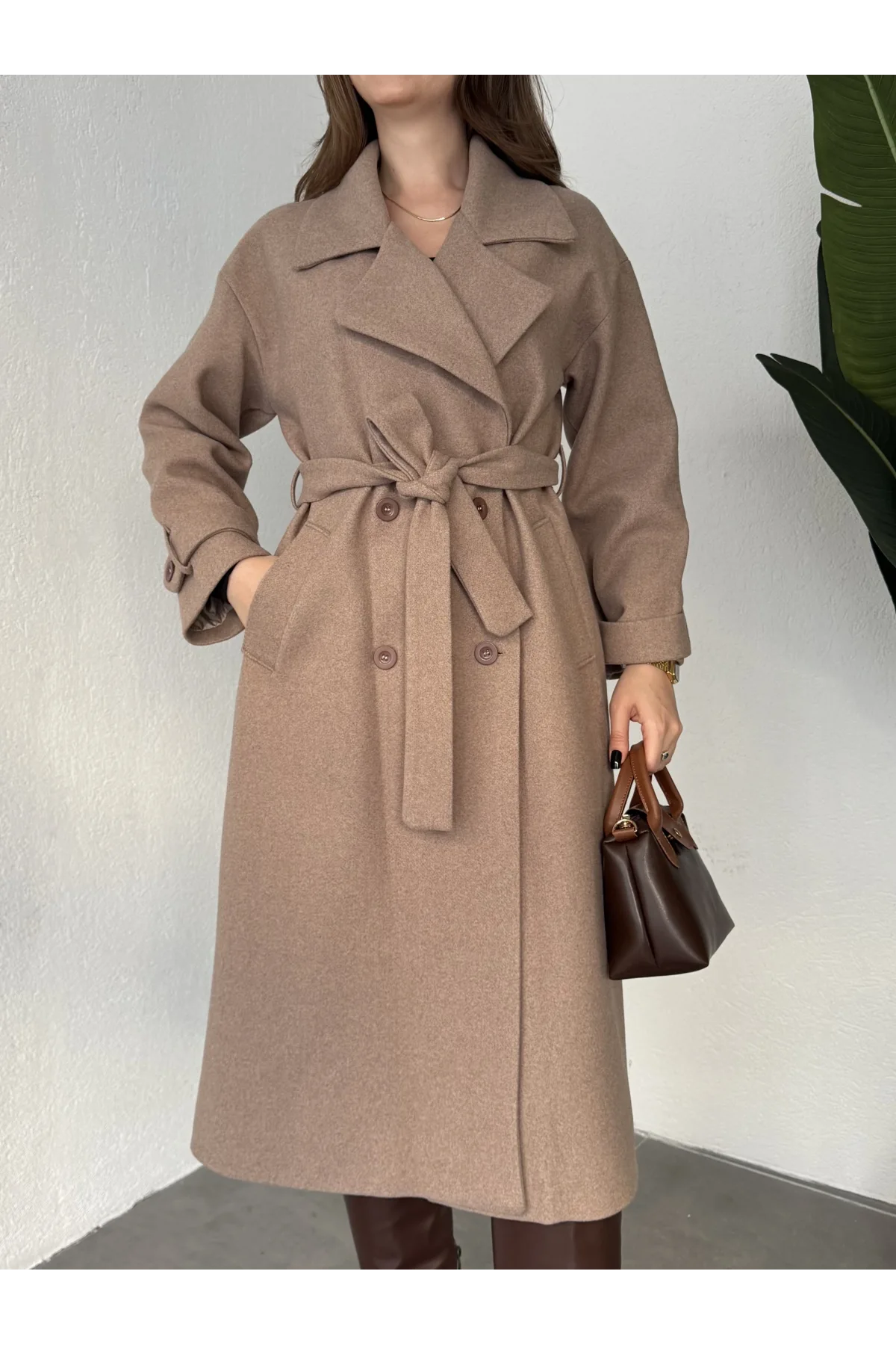 Vizon Kruvaze Oversize Premium Kalite Kuşaklı Tam Boy Uzun Kaşe Mont