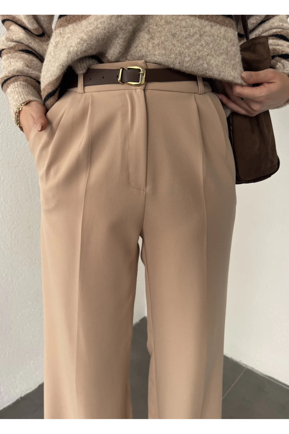 Vizon Pileli Tam Kalıp Bel Oturtmalı Geniş Paça Palazzo Pantolon