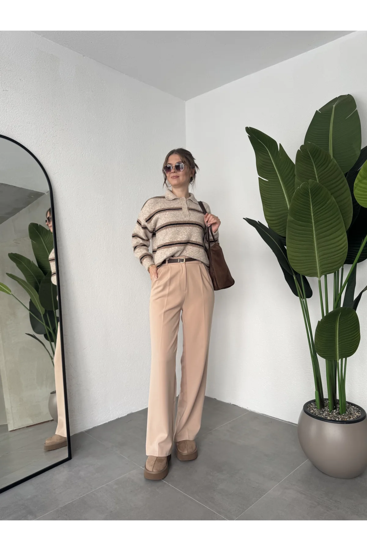 Vizon Pileli Tam Kalıp Bel Oturtmalı Geniş Paça Palazzo Pantolon