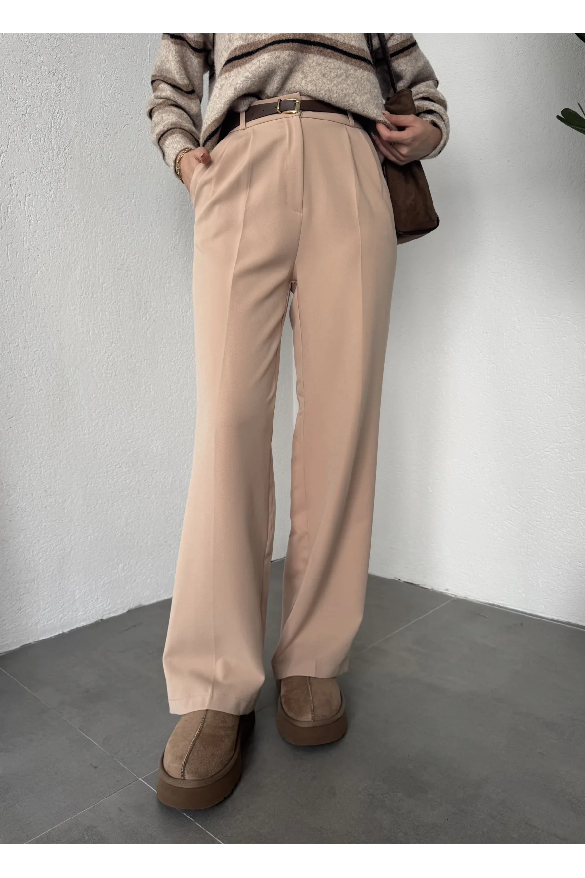 Vizon Pileli Tam Kalıp Bel Oturtmalı Geniş Paça Palazzo Pantolon