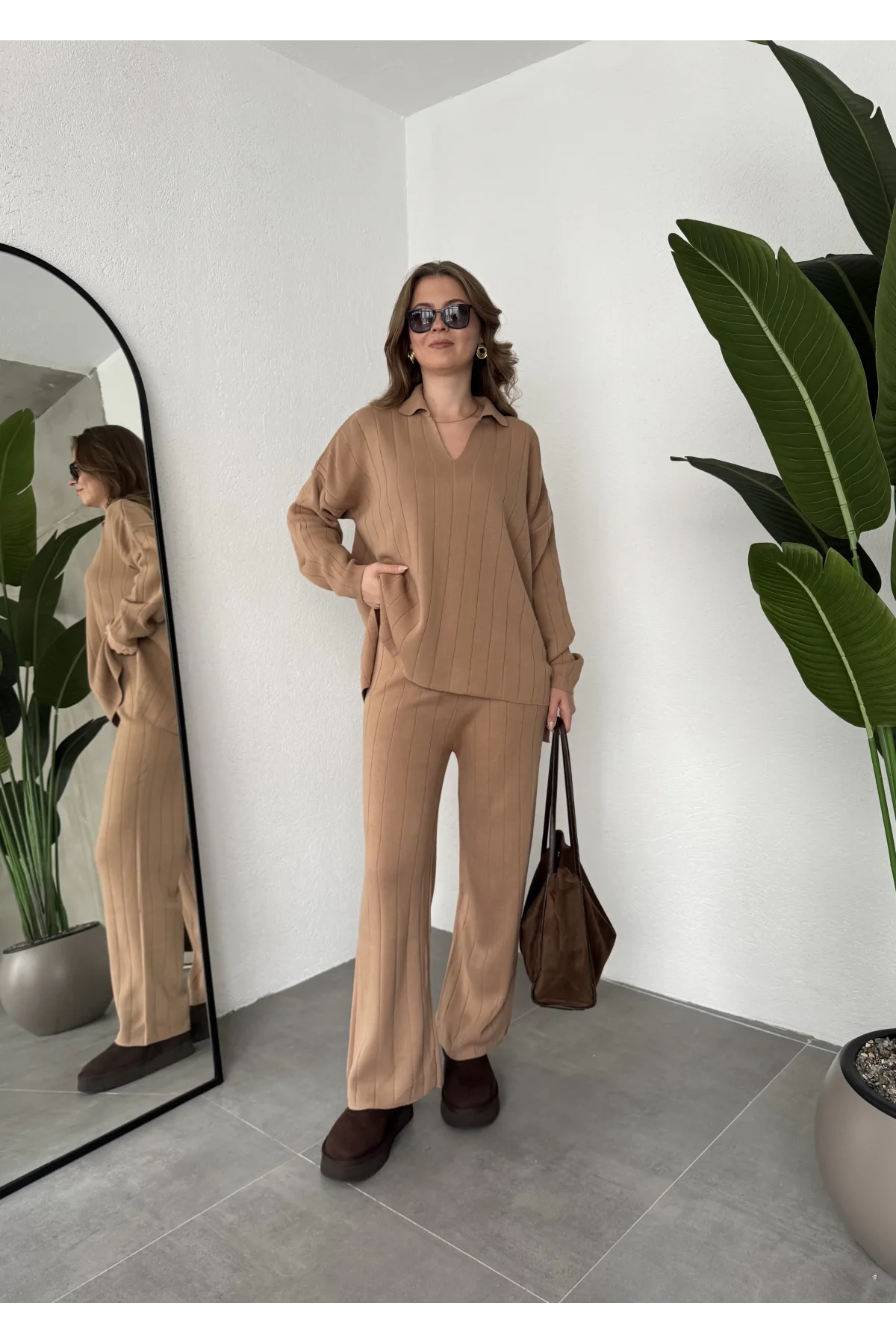 Vizon Polo Yakalı Kazak İspanyol Paça Triko Pantolon İkili Takım