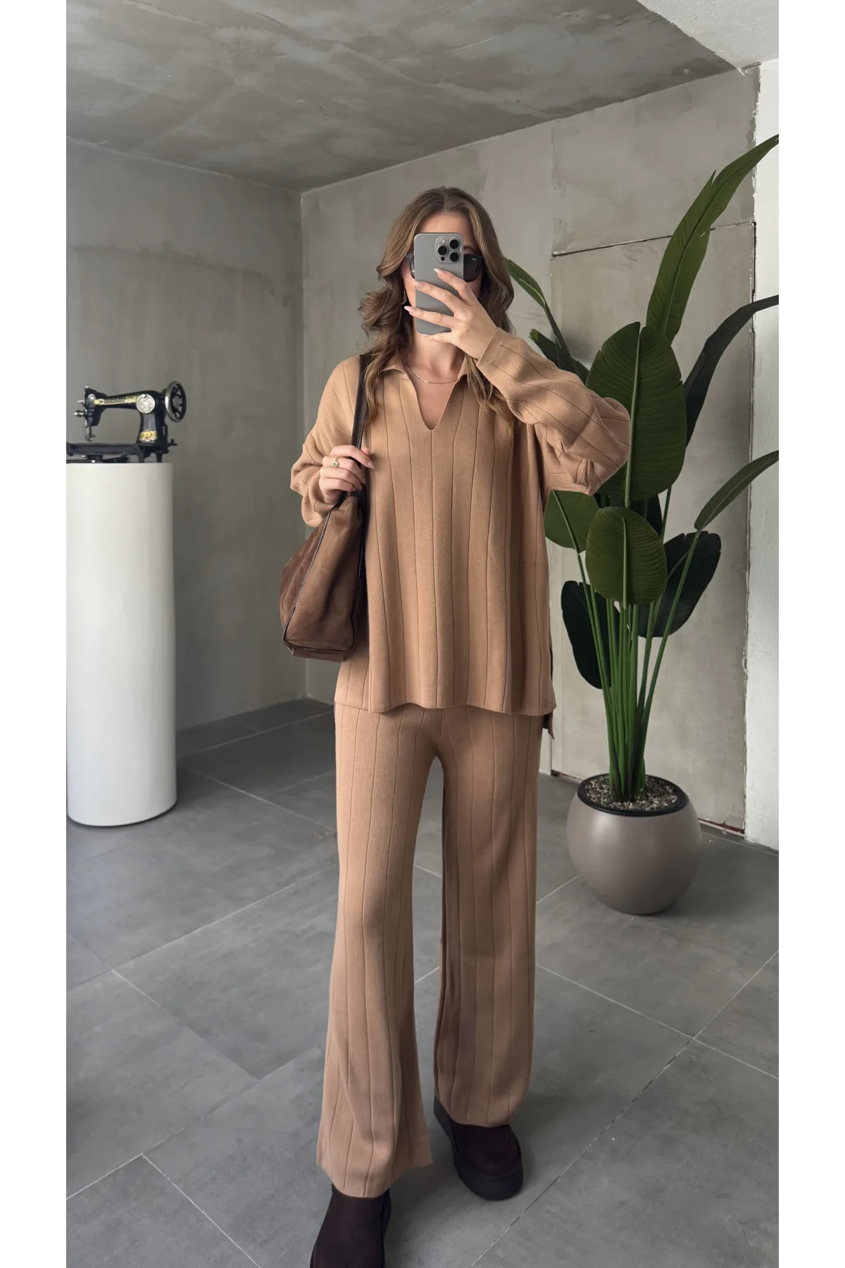 Vizon Polo Yakalı Kazak İspanyol Paça Triko Pantolon İkili Takım