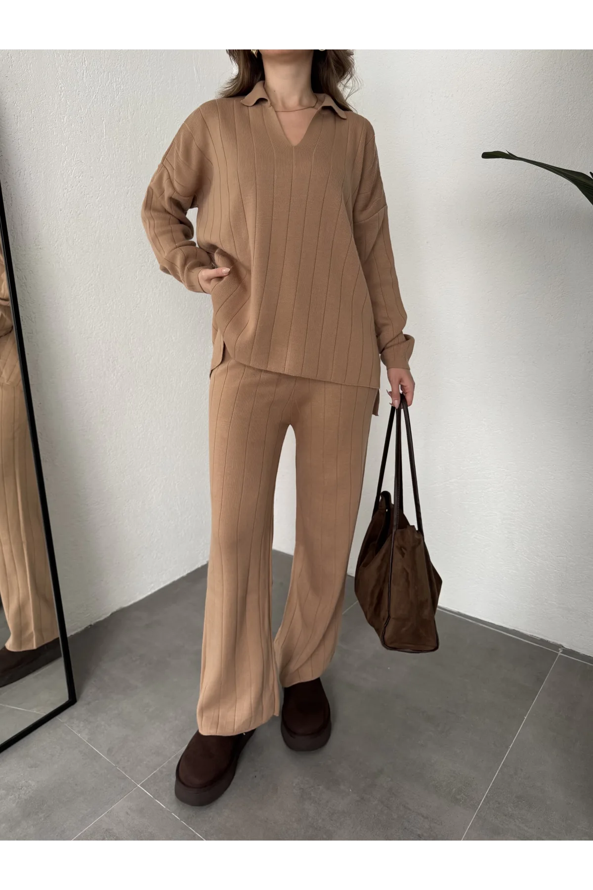 Vizon Polo Yakalı Kazak İspanyol Paça Triko Pantolon İkili Takım