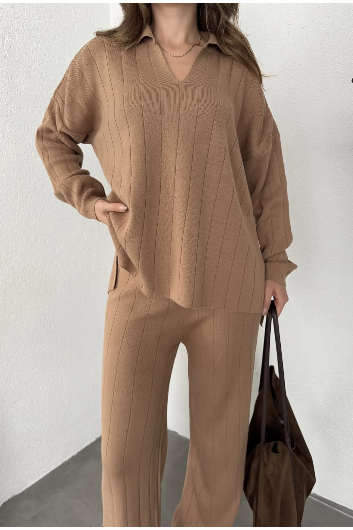 Vizon Polo Yakalı Kazak İspanyol Paça Triko Pantolon İkili Takım