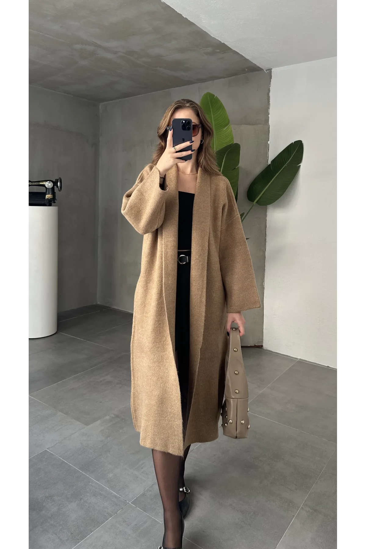 Vizon Şal Yaka Tam Boy Uzun Salaş Oversize Triko Hırka