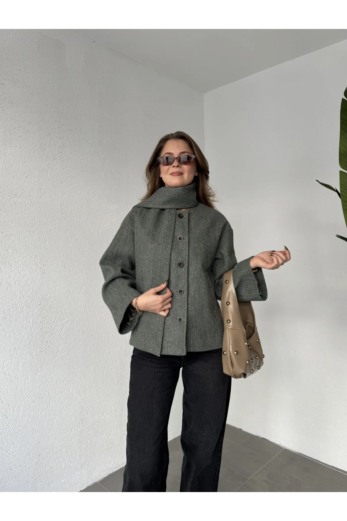 Yeşil Melanj Bisiklet Yaka Şal Aksesurlı Düğmeli Kaşe Ceket Mont