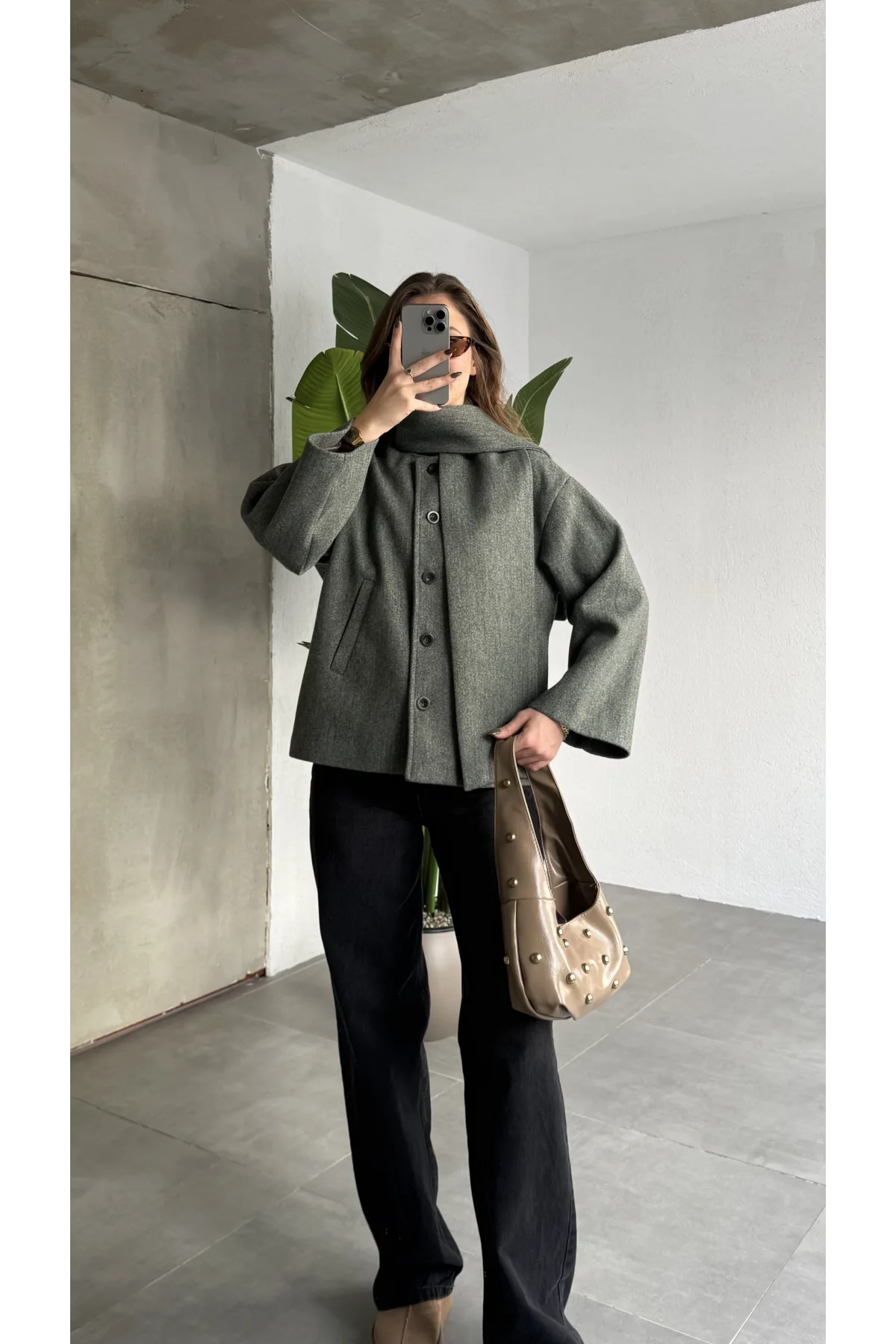 Yeşil Melanj Bisiklet Yaka Şal Aksesurlı Düğmeli Kaşe Ceket Mont